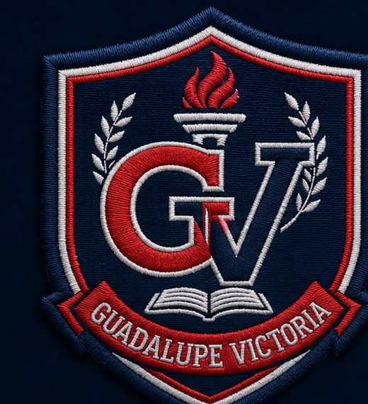Escudo Guadalupe Victoria bordado: antorcha, laureles y monograma GV en hilo