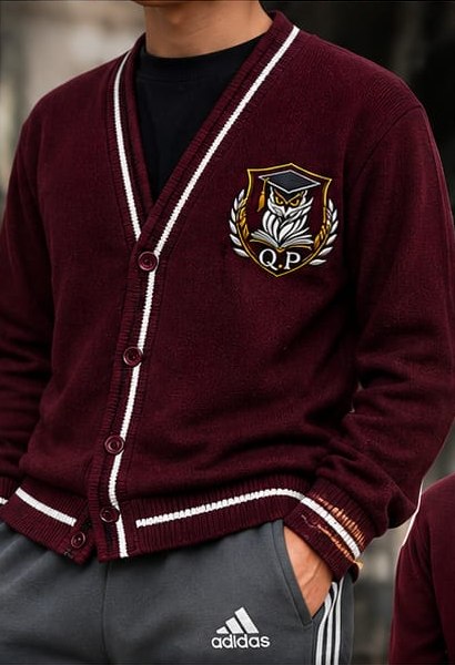 Cardigan escolar guinda con escudo bordado al pecho